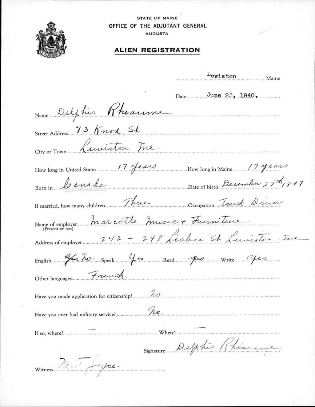 Miniature of Alien Registration- Rheaume, Delphis (Lewiston, Androscoggin County)
