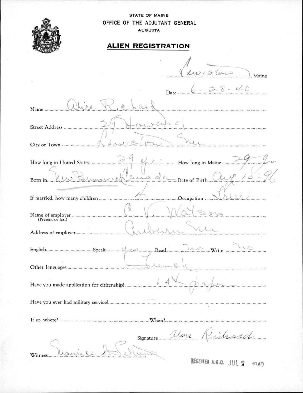 Miniature of Alien Registration- Richard, Aline (Lewiston, Androscoggin County)