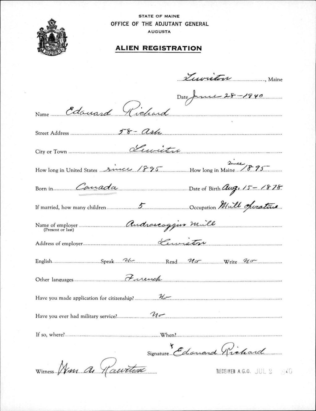 Miniature of Alien Registration- Richard, Edouard (Lewiston, Androscoggin County)