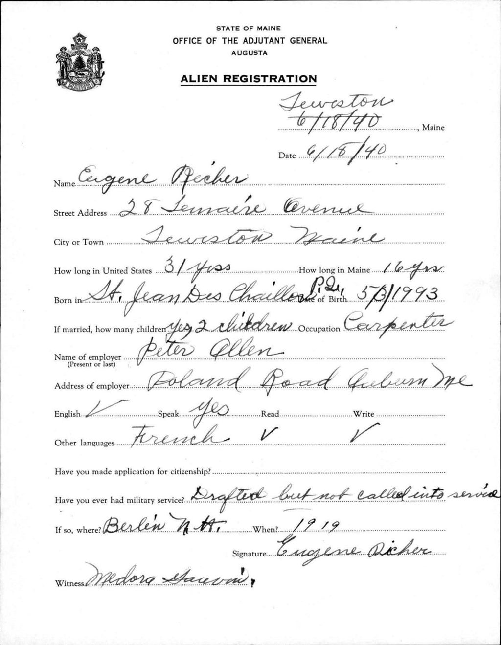 Miniature of Alien Registration- Richer, Eugene (Lewiston, Androscoggin County)