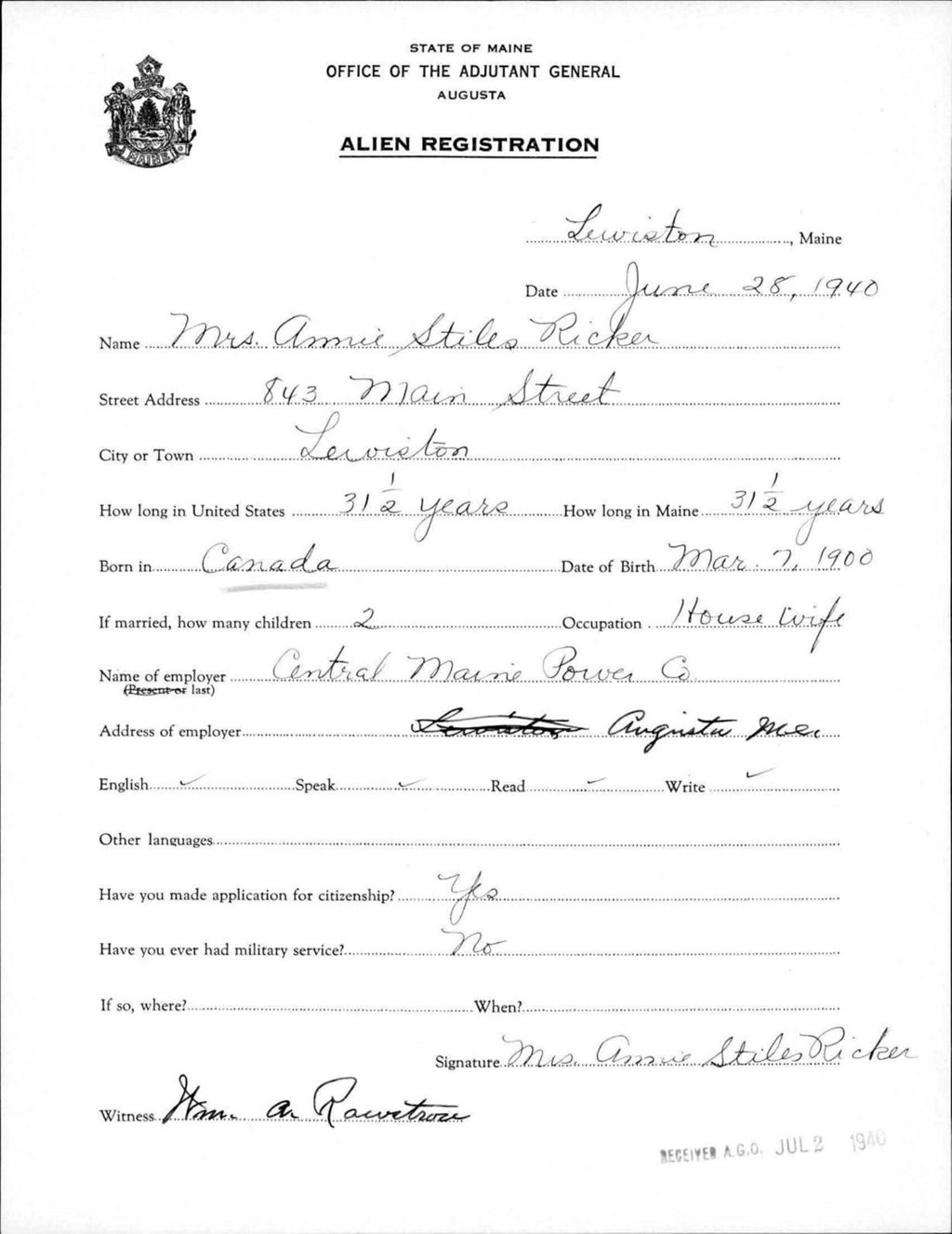 Miniature of Alien Registration- Stiles, Annie (Lewiston, Androscoggin County)