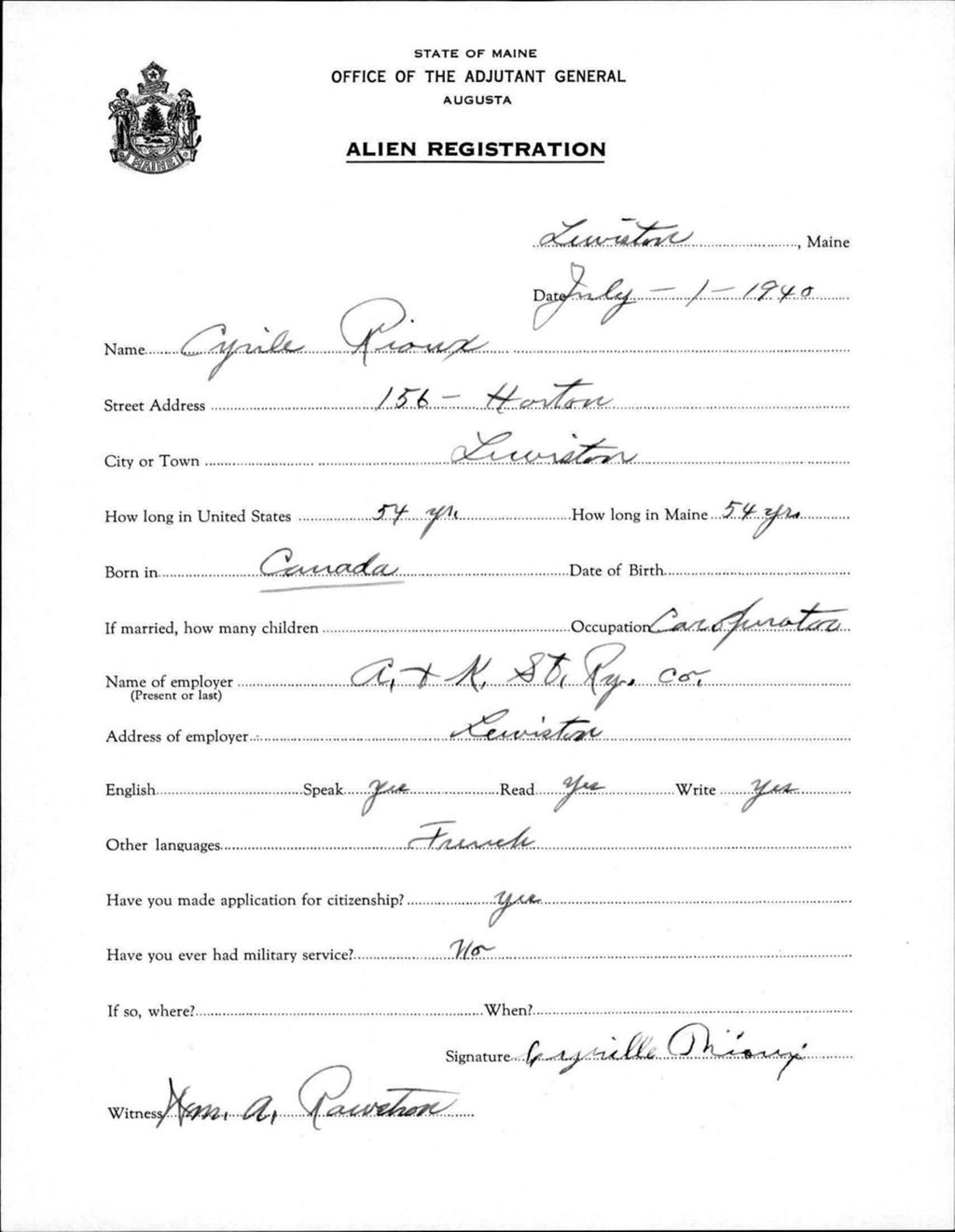Miniature of Alien Registration- Rioux, Cyrile (Lewiston, Androscoggin County)