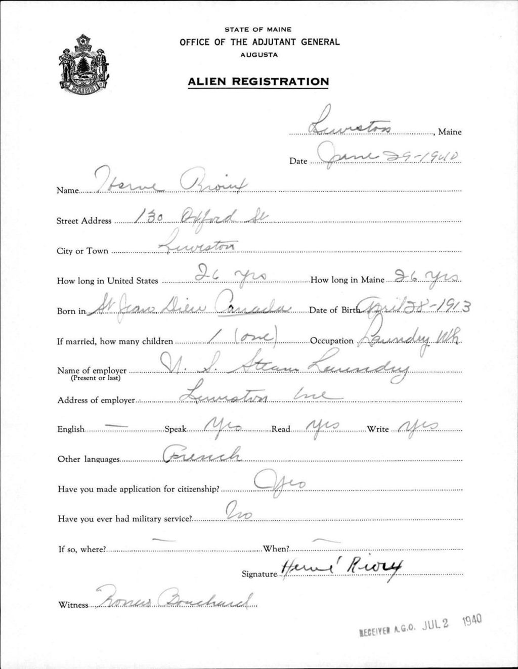 Miniature of Alien Registration- Rioux, Herve (Lewiston, Androscoggin County)