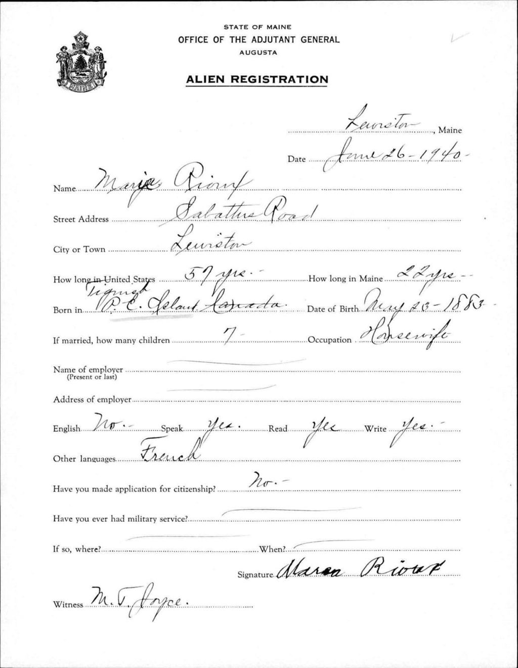 Miniature of Alien Registration- Rioux, Mary (Lewiston, Androscoggin County)