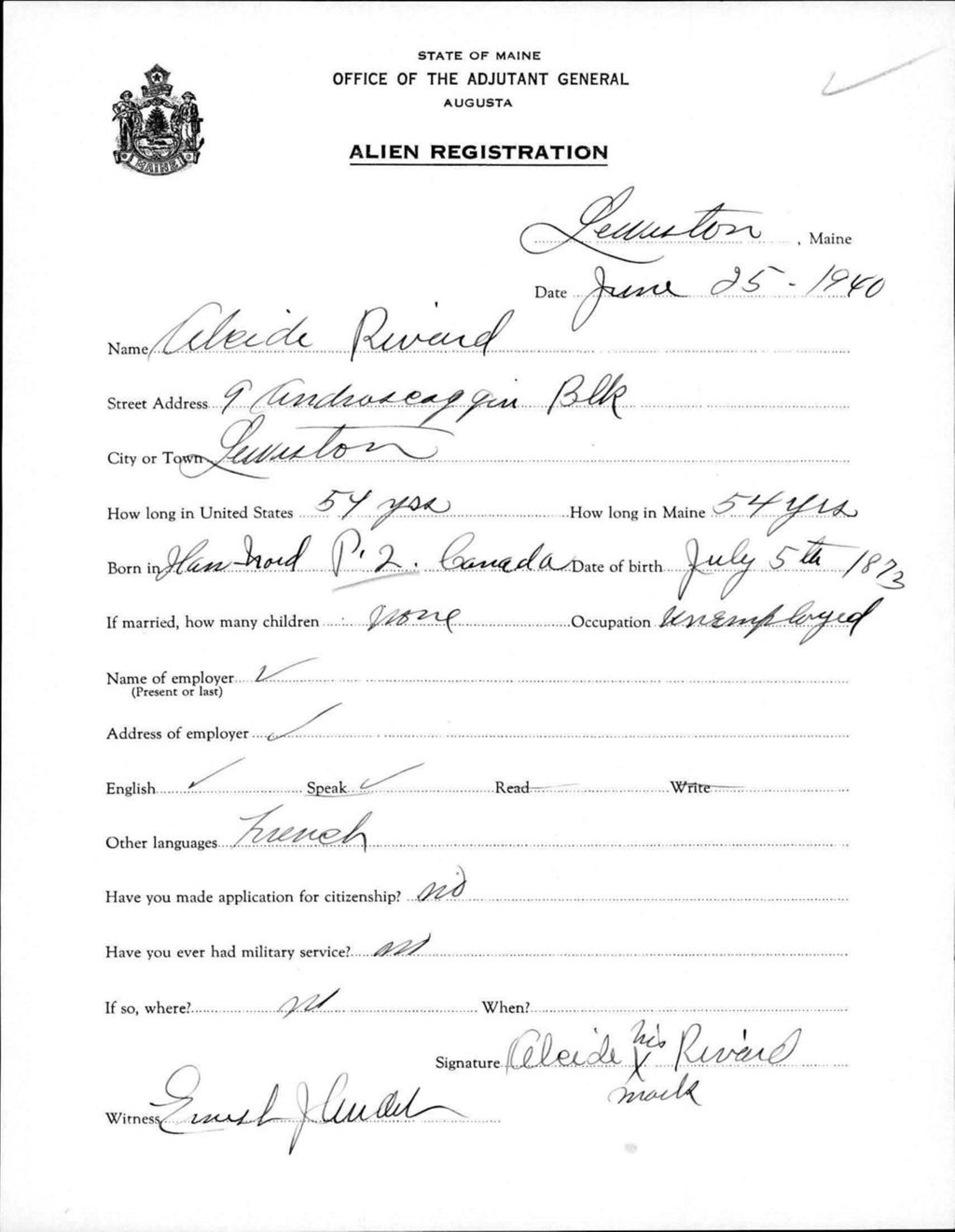 Miniature of Alien Registration- Rivard, Alcide (Lewiston, Androscoggin County)