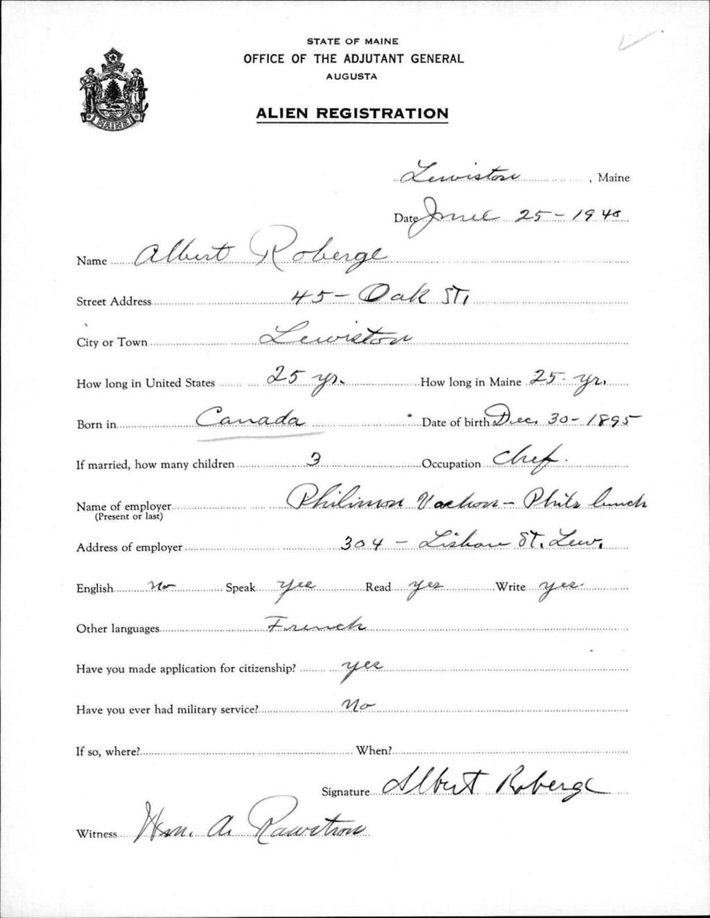Miniature of Alien Registration- Roberge, Albert (Lewiston, Androscoggin County)