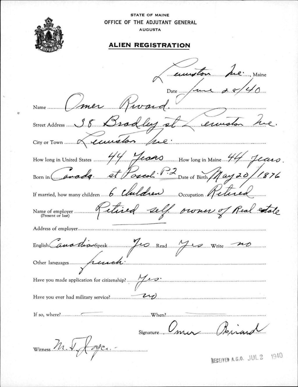 Miniature of Alien Registration- Rivard, Omer (Lewiston, Androscoggin County)