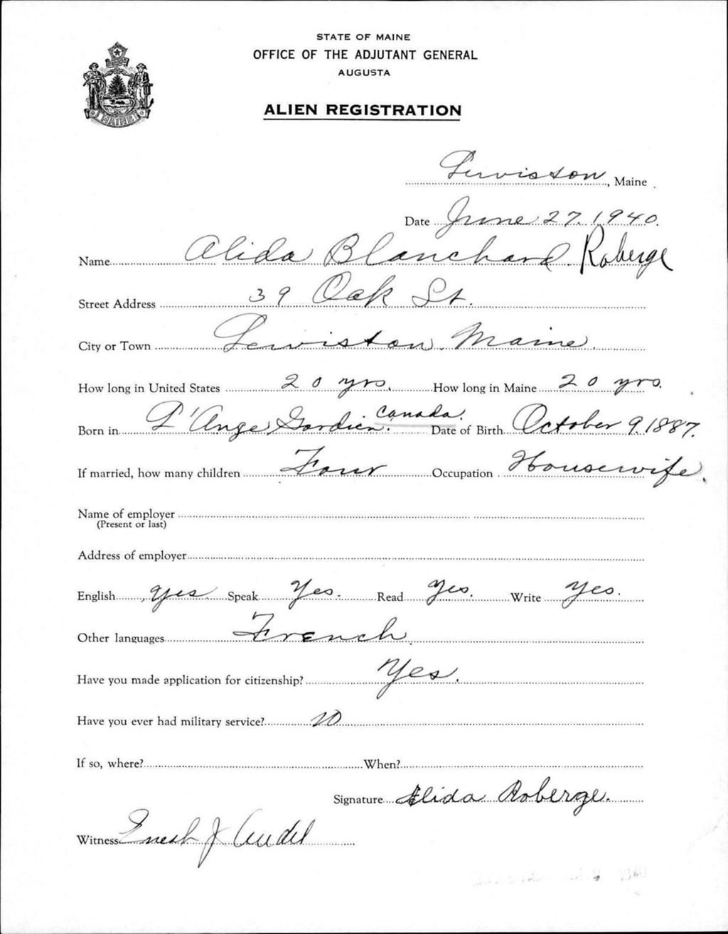 Miniature of Alien Registration- Blanchard, Alida (Lewiston, Androscoggin County)