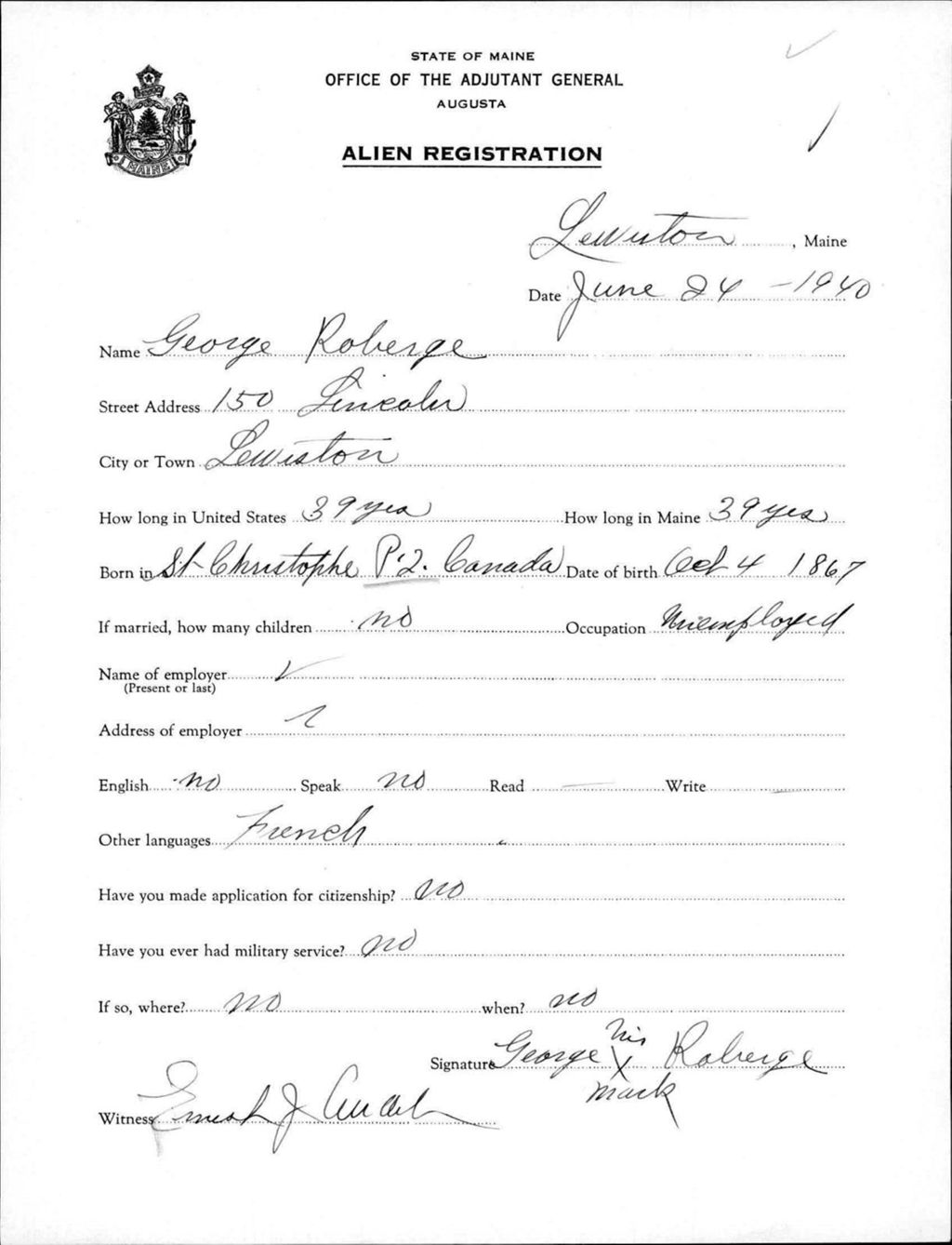 Miniature of Alien Registration- Roberge, George (Lewiston, Androscoggin County)