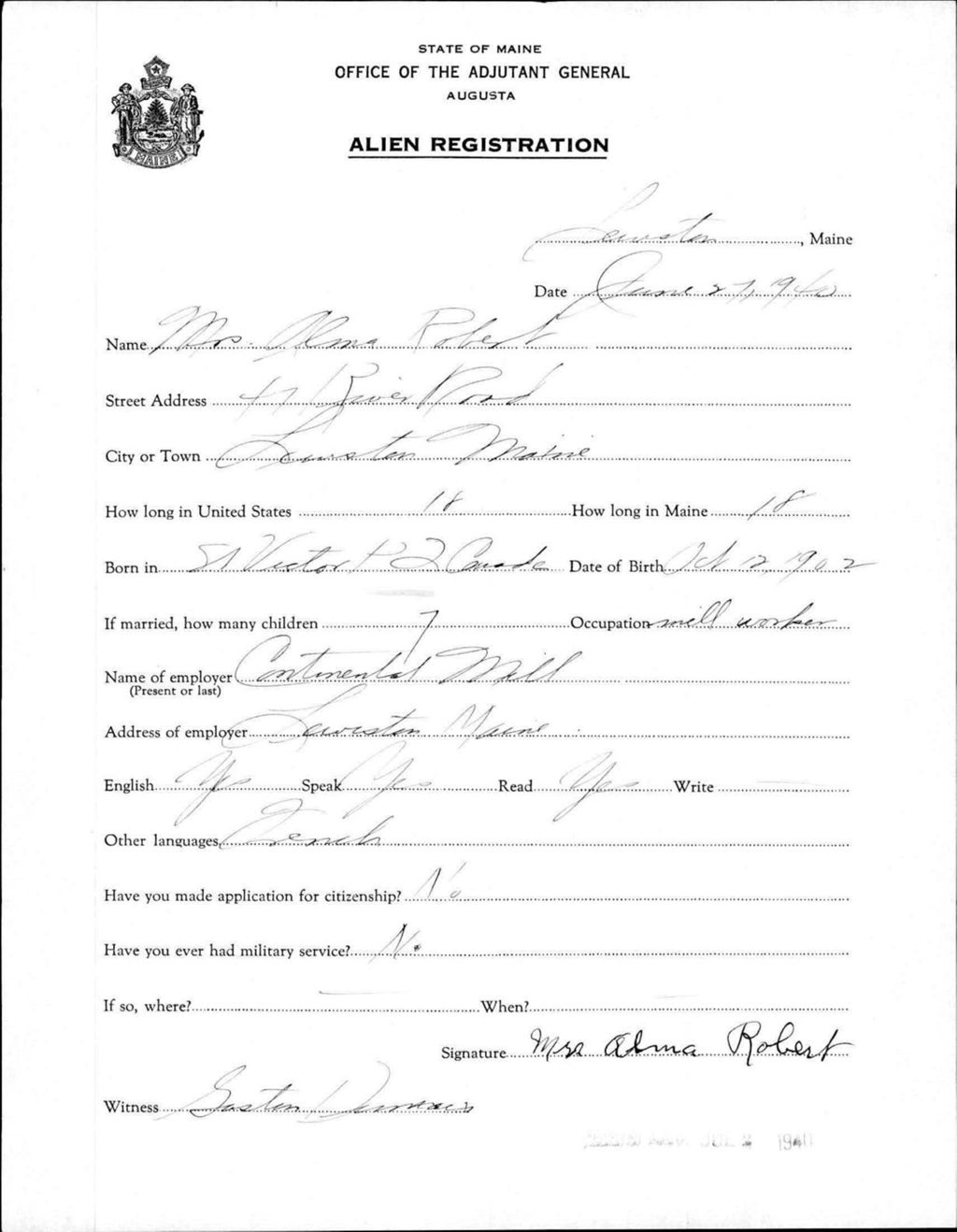 Miniature of Alien Registration- Robert, Alma (Lewiston, Androscoggin County)
