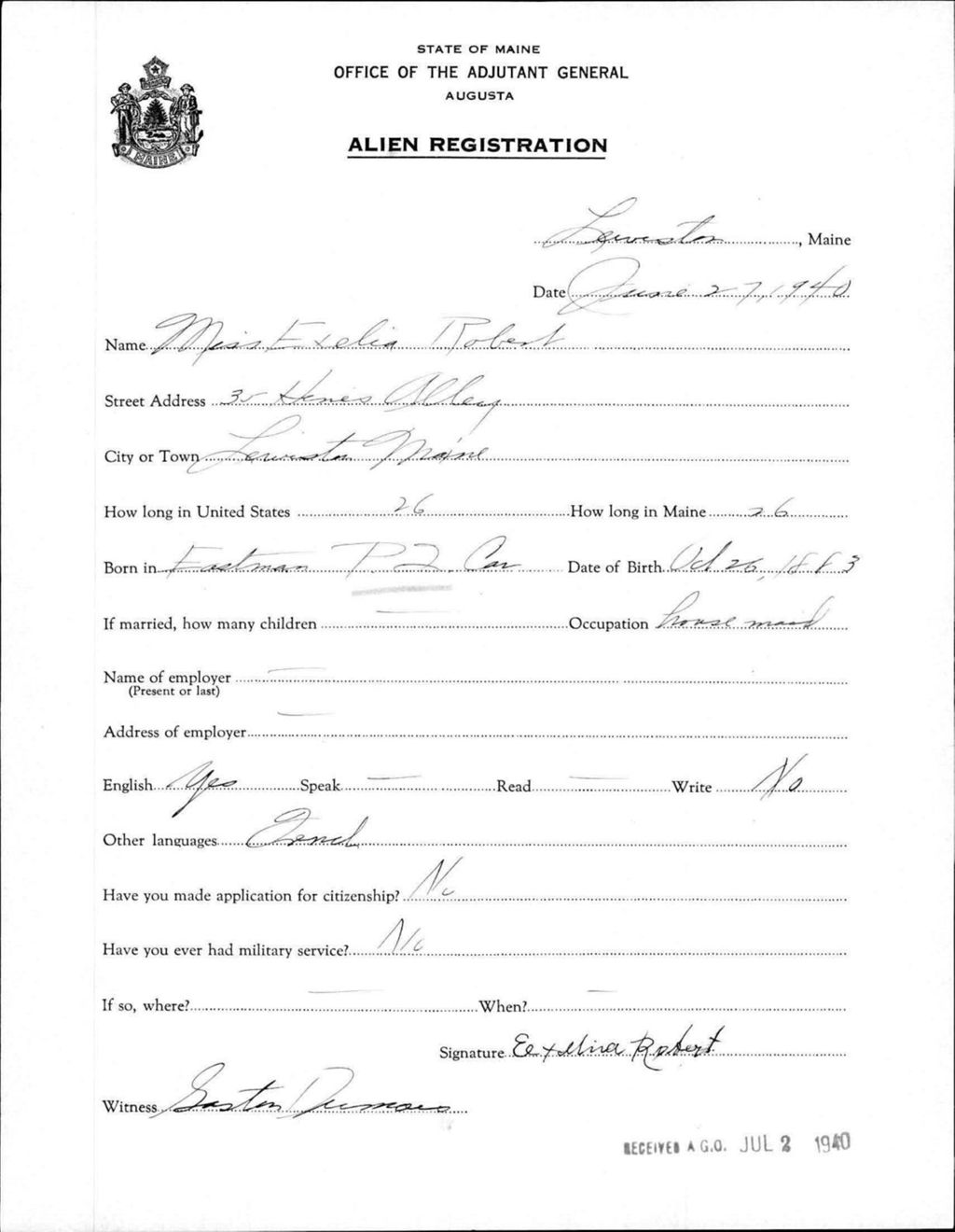 Miniature of Alien Registration- Robert, Exelia (Lewiston, Androscoggin County)