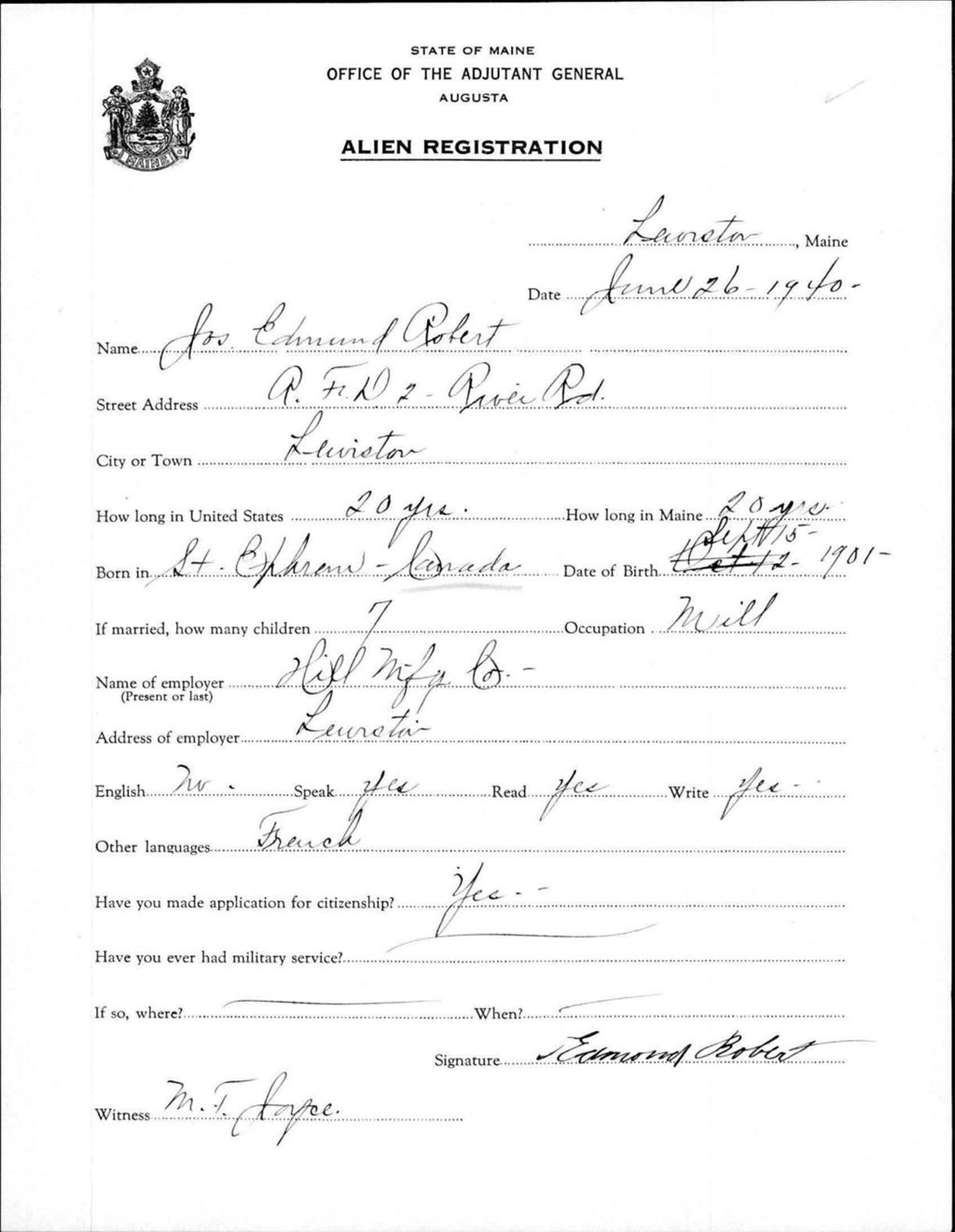 Miniature of Alien Registration- Robert, Joseph E. (Lewiston, Androscoggin County)