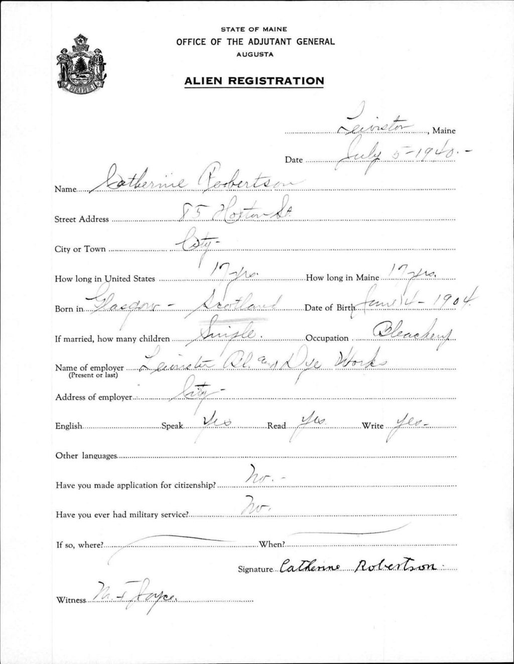 Miniature of Alien Registration- Robertson, Catherine (Lewiston, Androscoggin County)