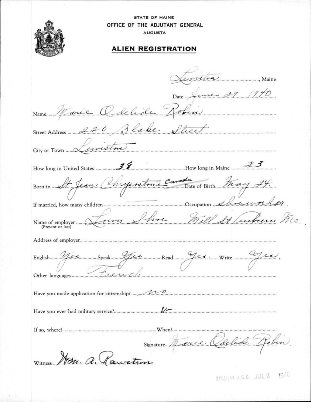 Miniature of Alien Registration- Robin, Marie O. (Lewiston, Androscoggin County)