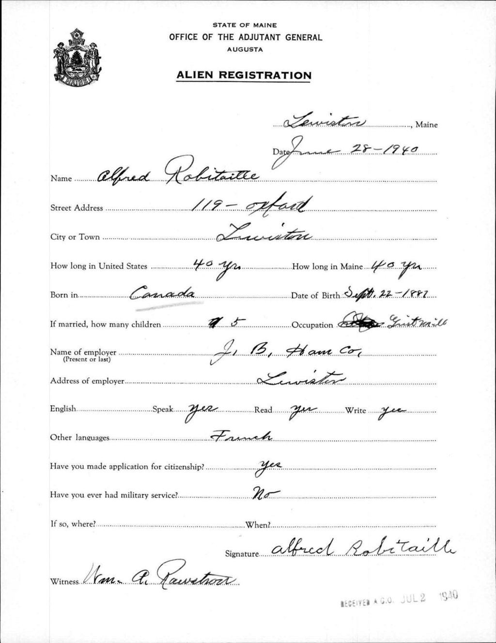 Miniature of Alien Registration- Robitaille, Alfred (Lewiston, Androscoggin County)
