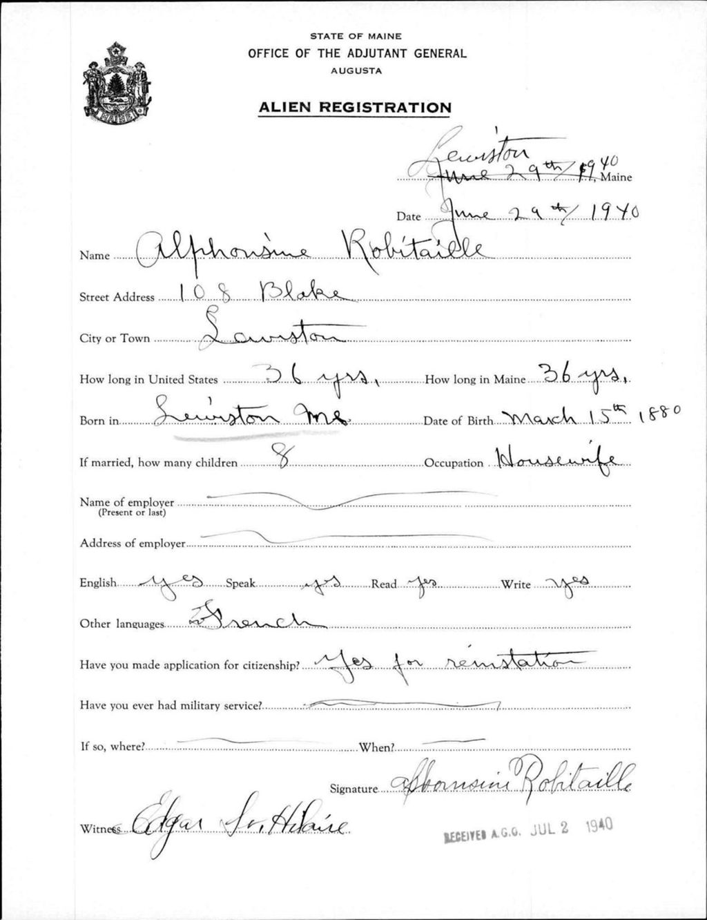 Miniature of Alien Registration- Robitaille, Alphonsine (Lewiston, Androscoggin County)