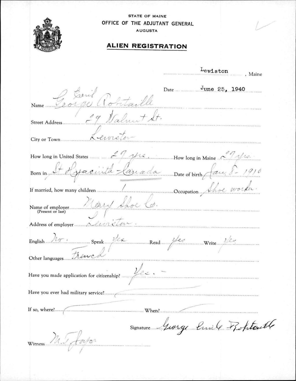 Miniature of Alien Registration- Robitaille, George E. (Lewiston, Androscoggin County)