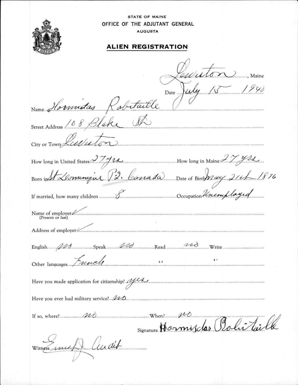 Miniature of Alien Registration- Robitaille, Hormidas (Lewiston, Androscoggin County)