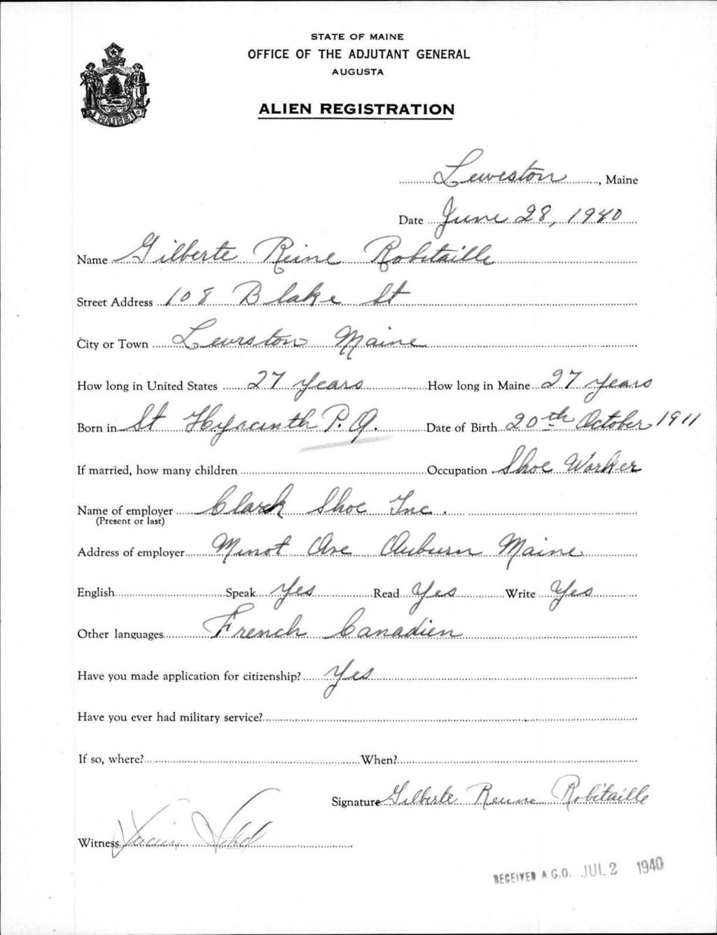 Miniature of Alien Registration- Robitaille, Gilberte R. (Lewiston, Androscoggin County)