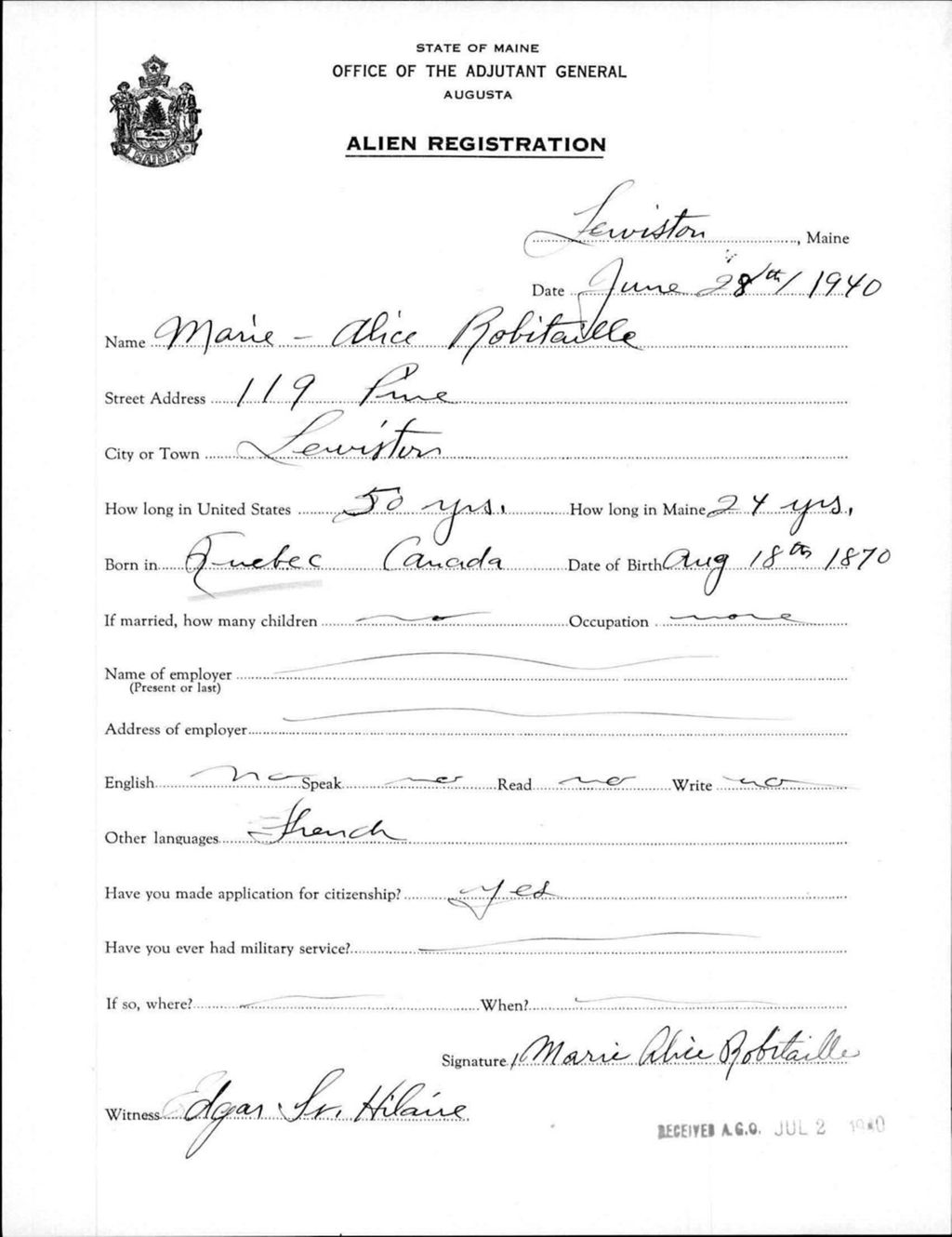Miniature of Alien Registration- Robitaille, Marie-Alice (Lewiston, Androscoggin County)