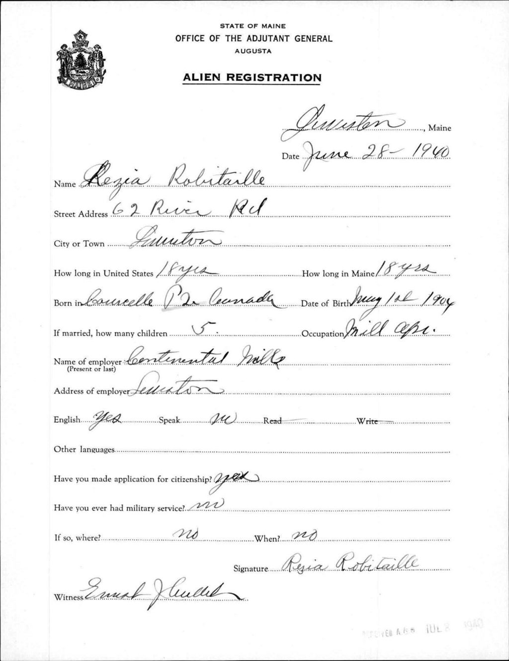 Miniature of Alien Registration- Robitaille, Rezia (Lewiston, Androscoggin County)