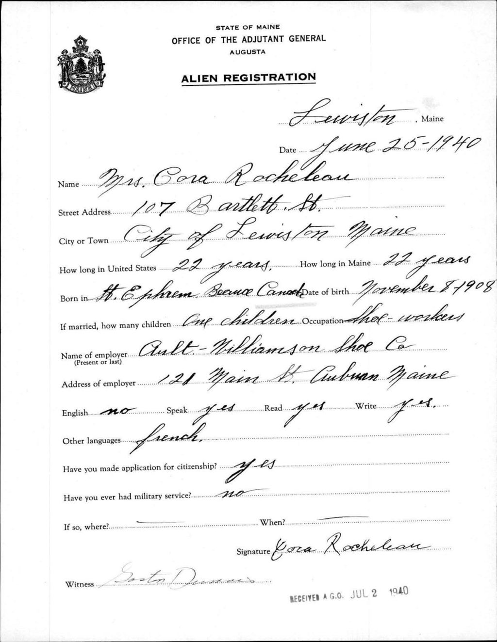 Miniature of Alien Registration- Rocheleau, Cora (Lewiston, Androscoggin County)