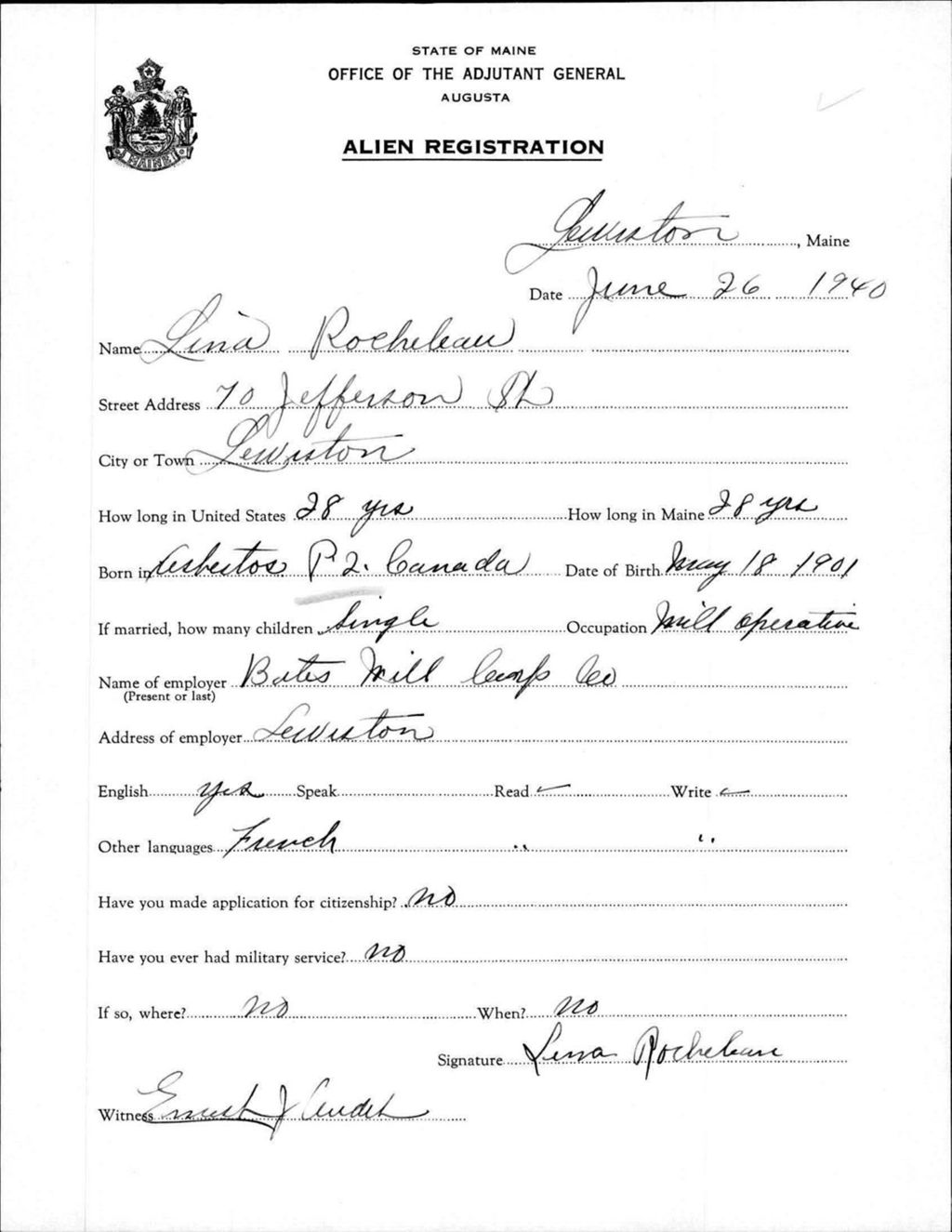 Miniature of Alien Registration- Rocheleau, Lina (Lewiston, Androscoggin County)