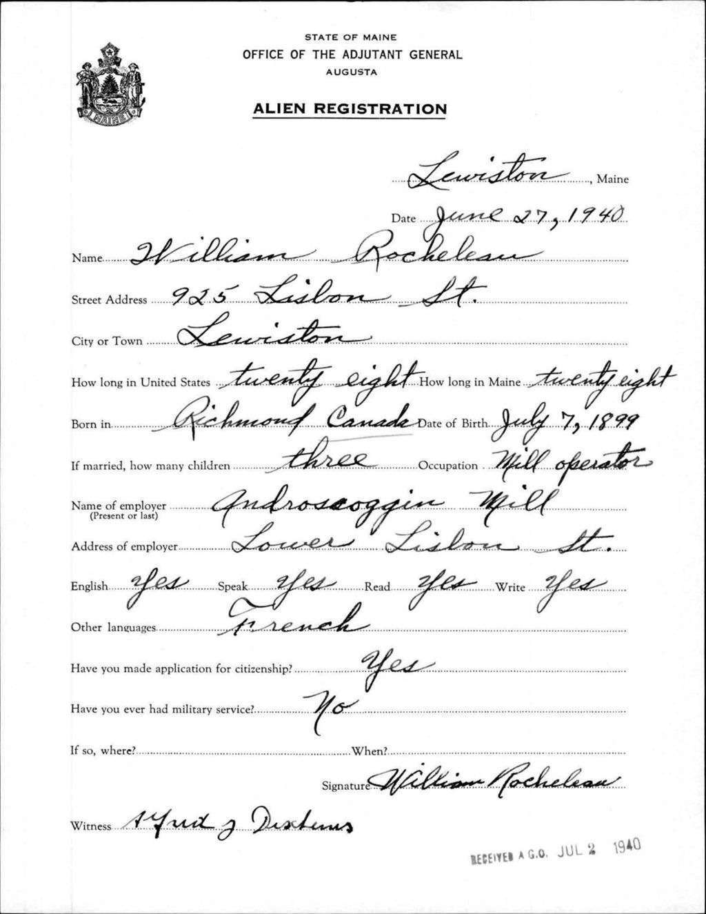 Miniature of Alien Registration- Rocheleau, William (Lewiston, Androscoggin County)