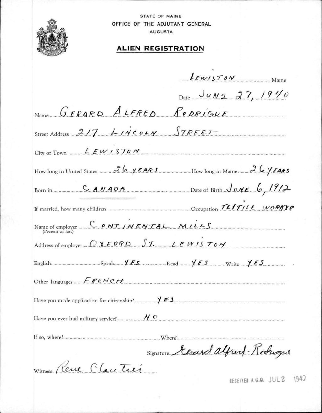 Miniature of Alien Registration- Rodrigue, Gerard A. (Lewiston, Androscoggin County)