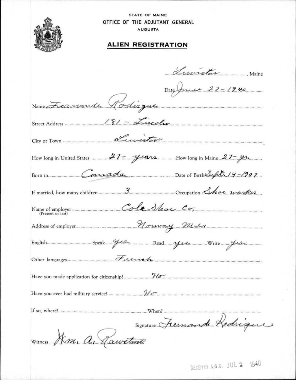 Miniature of Alien Registration- Rodrigue, Fernande (Lewiston, Androscoggin County)