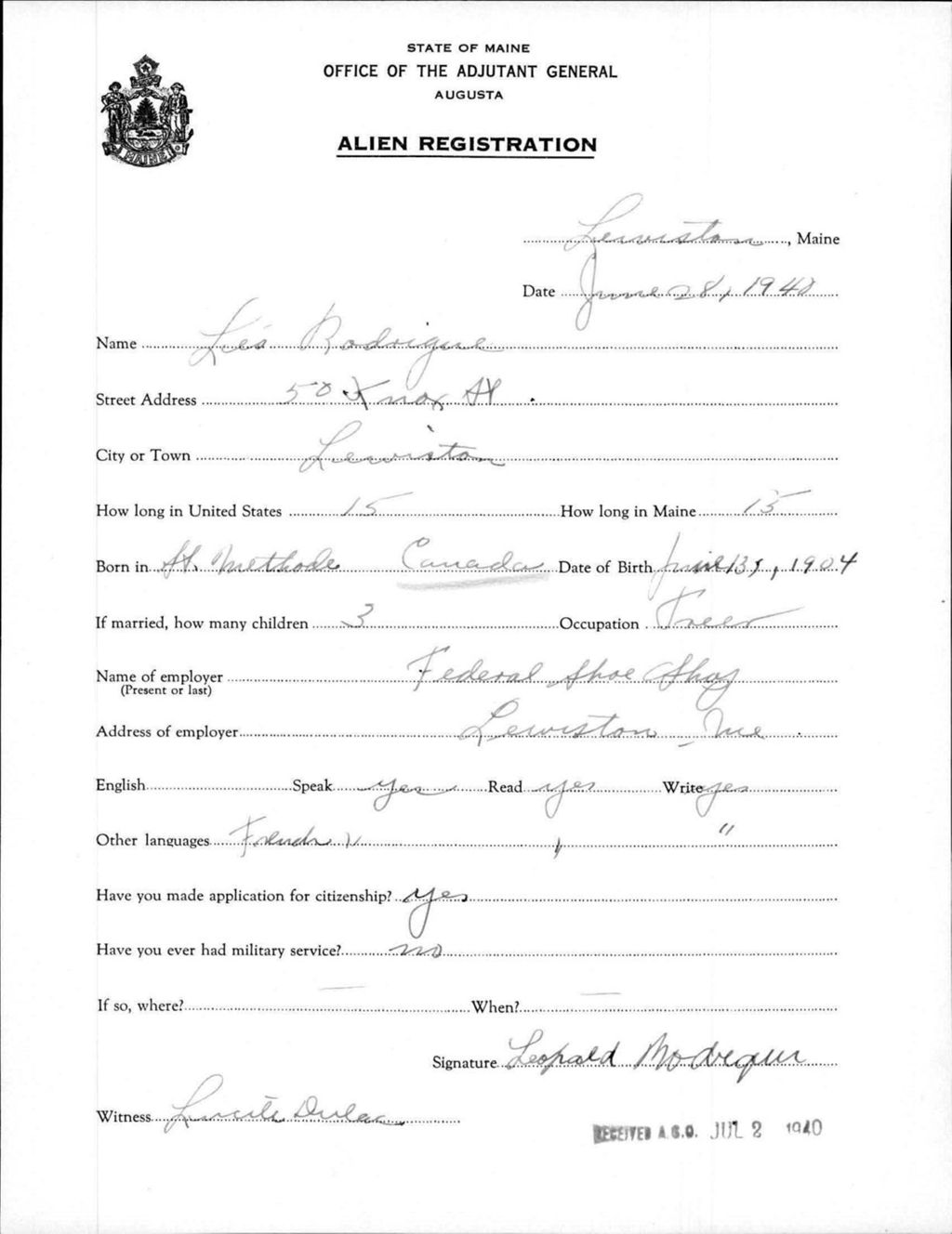 Miniature of Alien Registration- Rodrigue, Leopold (Lewiston, Androscoggin County)