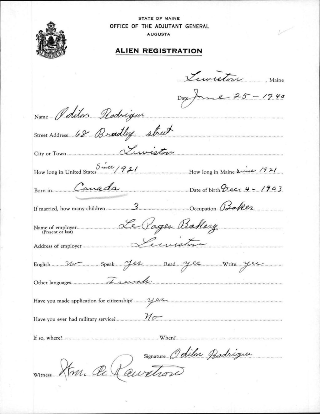 Miniature of Alien Registration- Rodrigue, Odilon (Lewiston, Androscoggin County)