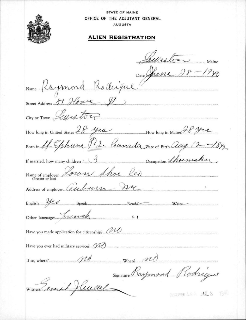Miniature of Alien Registration- Rodrigue, Raymond (Lewiston, Androscoggin County)