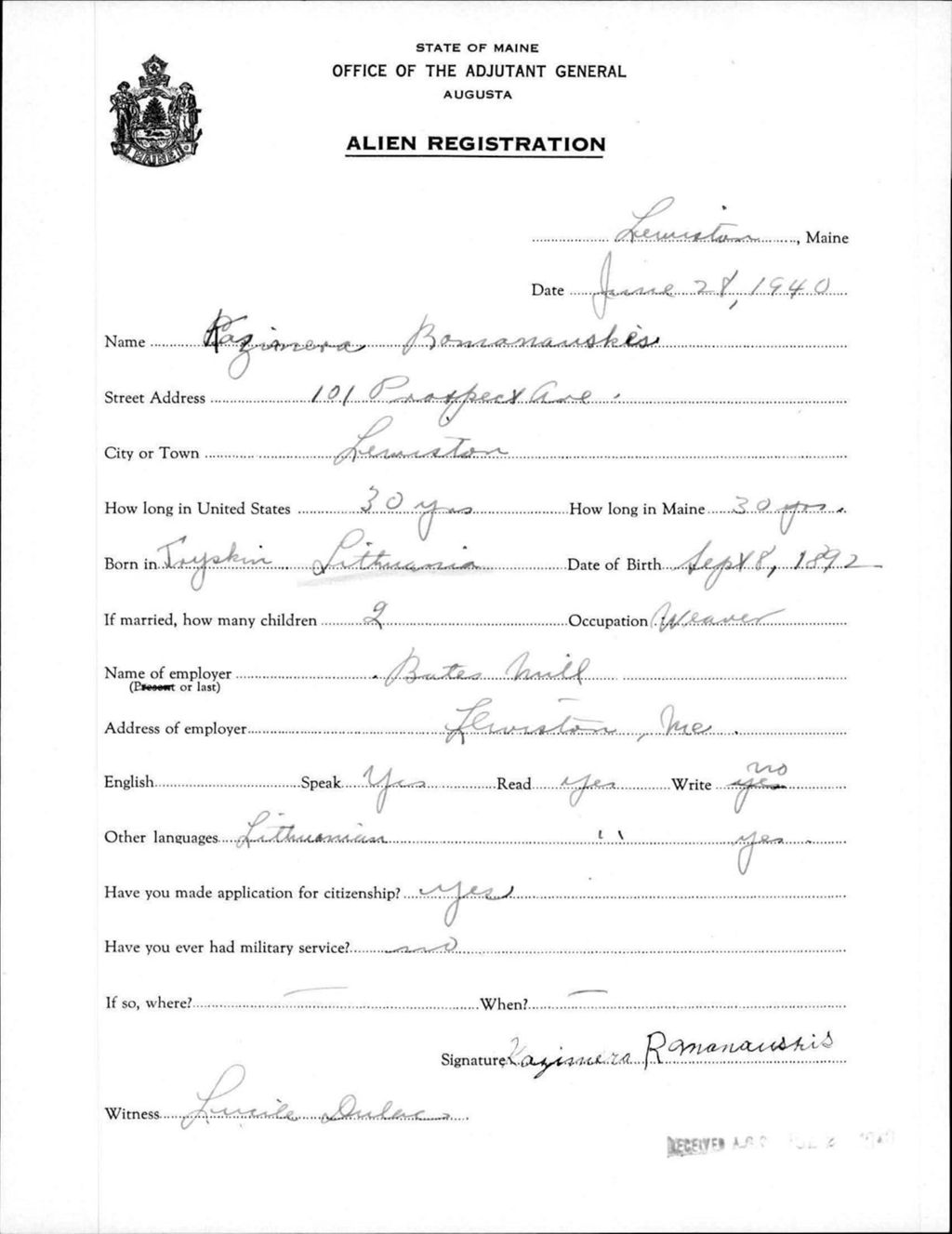 Miniature of Alien Registration- Romanauskis, Kazimera (Lewiston, Androscoggin County)