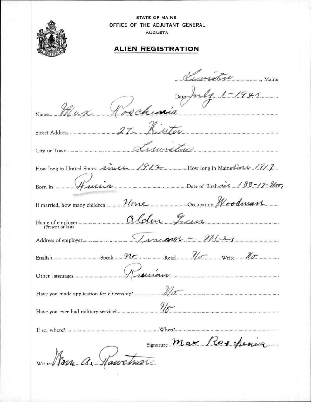 Miniature of Alien Registration- Roschenia, Max (Lewiston, Androscoggin County)