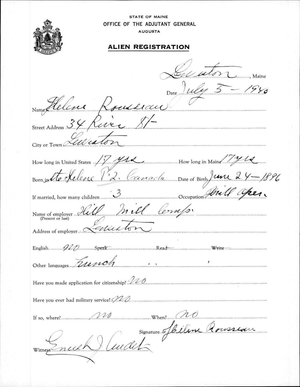 Miniature of Alien Registration- Rousseau, Helene (Lewiston, Androscoggin County)