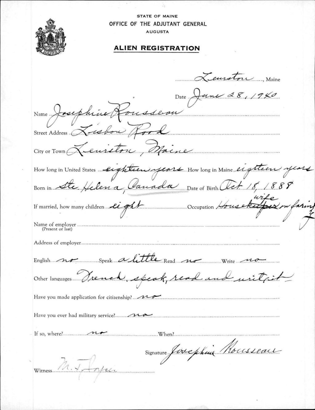 Miniature of Alien Registration- Rousseau, Josephine (Lewiston, Androscoggin County)