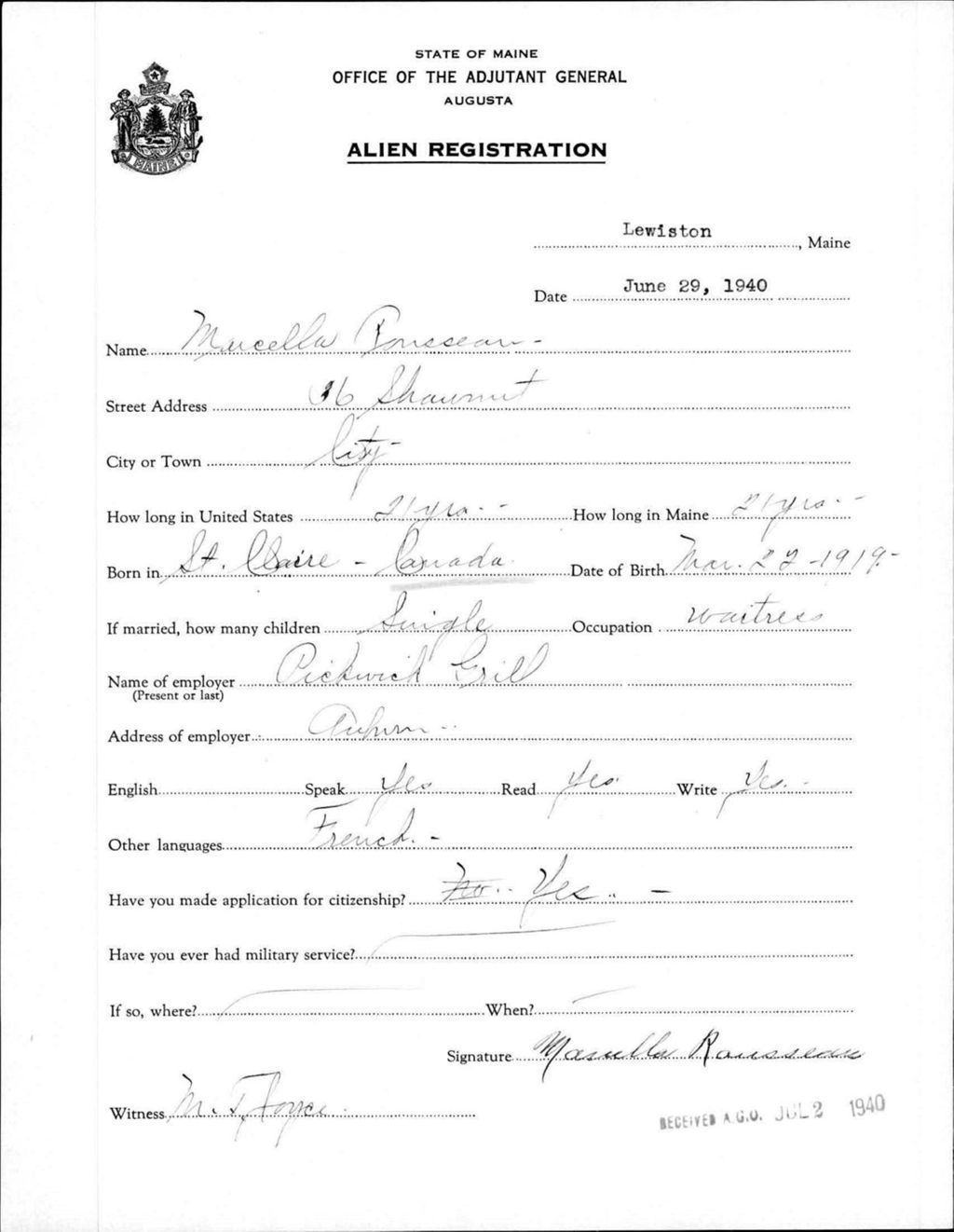 Miniature of Alien Registration- Rousseau, Marcella (Lewiston, Androscoggin County)