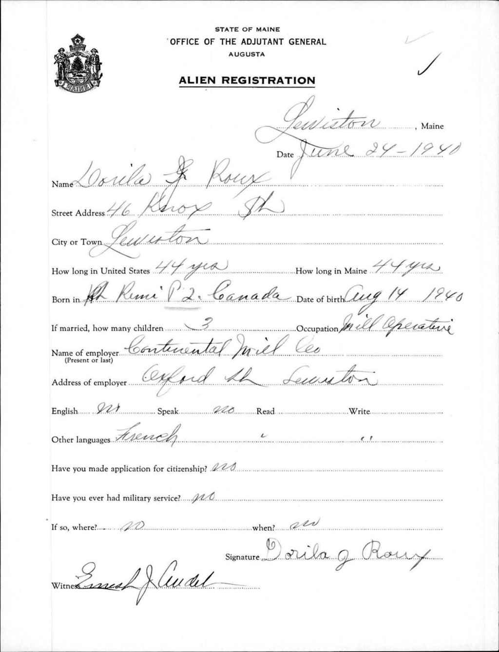 Miniature of Alien Registration- Roux, Dorila (Lewiston, Androscoggin County)