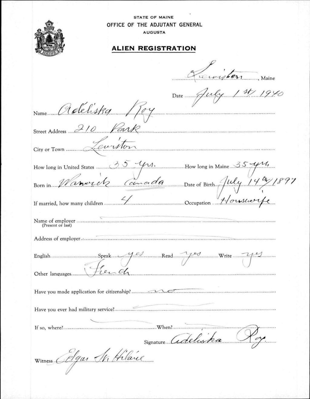 Miniature of Alien Registration- Roy, Adeliska (Lewiston, Androscoggin County)