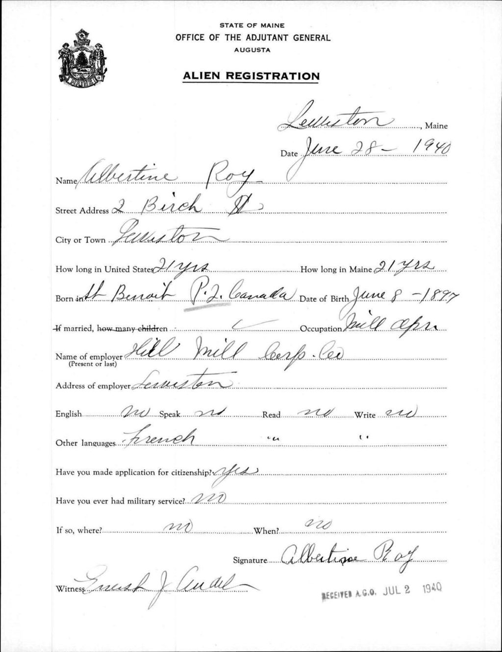 Miniature of Alien Registration- Roy, Albertine (Lewiston, Androscoggin County)