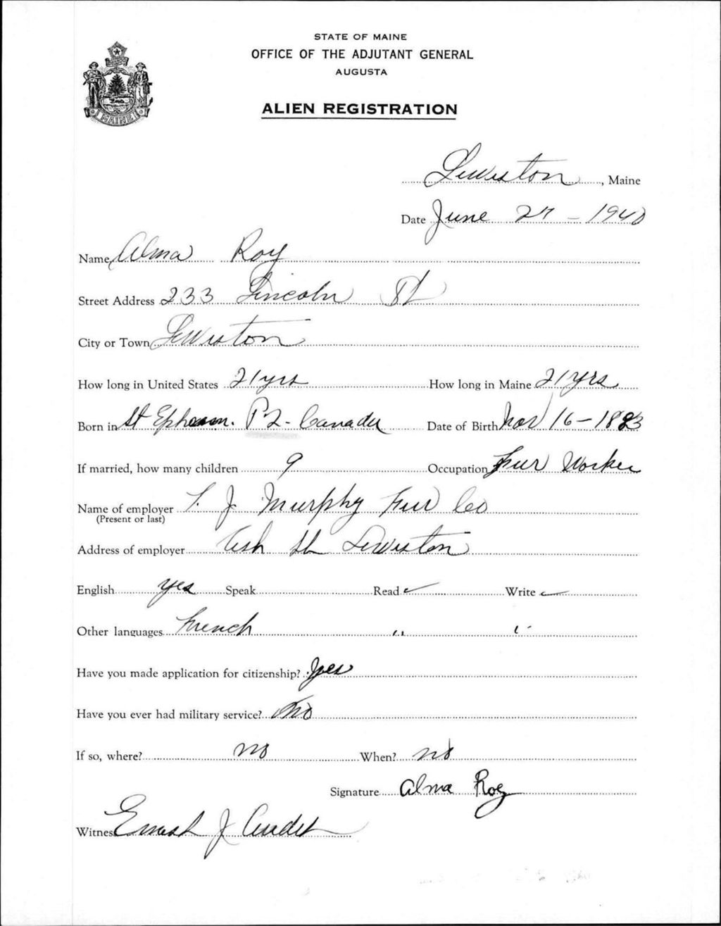 Miniature of Alien Registration- Roy, Alma (Lewiston, Androscoggin County)