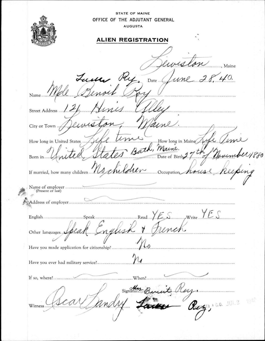 Miniature of Alien Registration- Roy, Benoit (Lewiston, Androscoggin County)