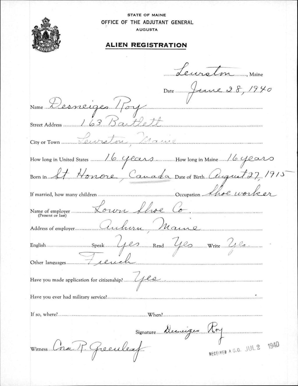 Miniature of Alien Registration- Roy, Desneiges (Lewiston, Androscoggin County)