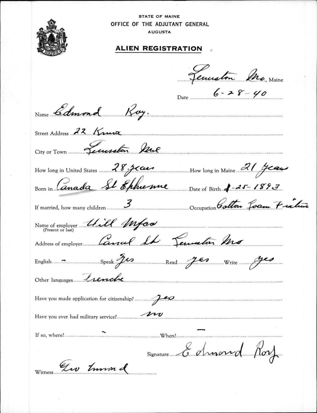 Miniature of Alien Registration- Roy, Edmond (Lewiston, Androscoggin County)