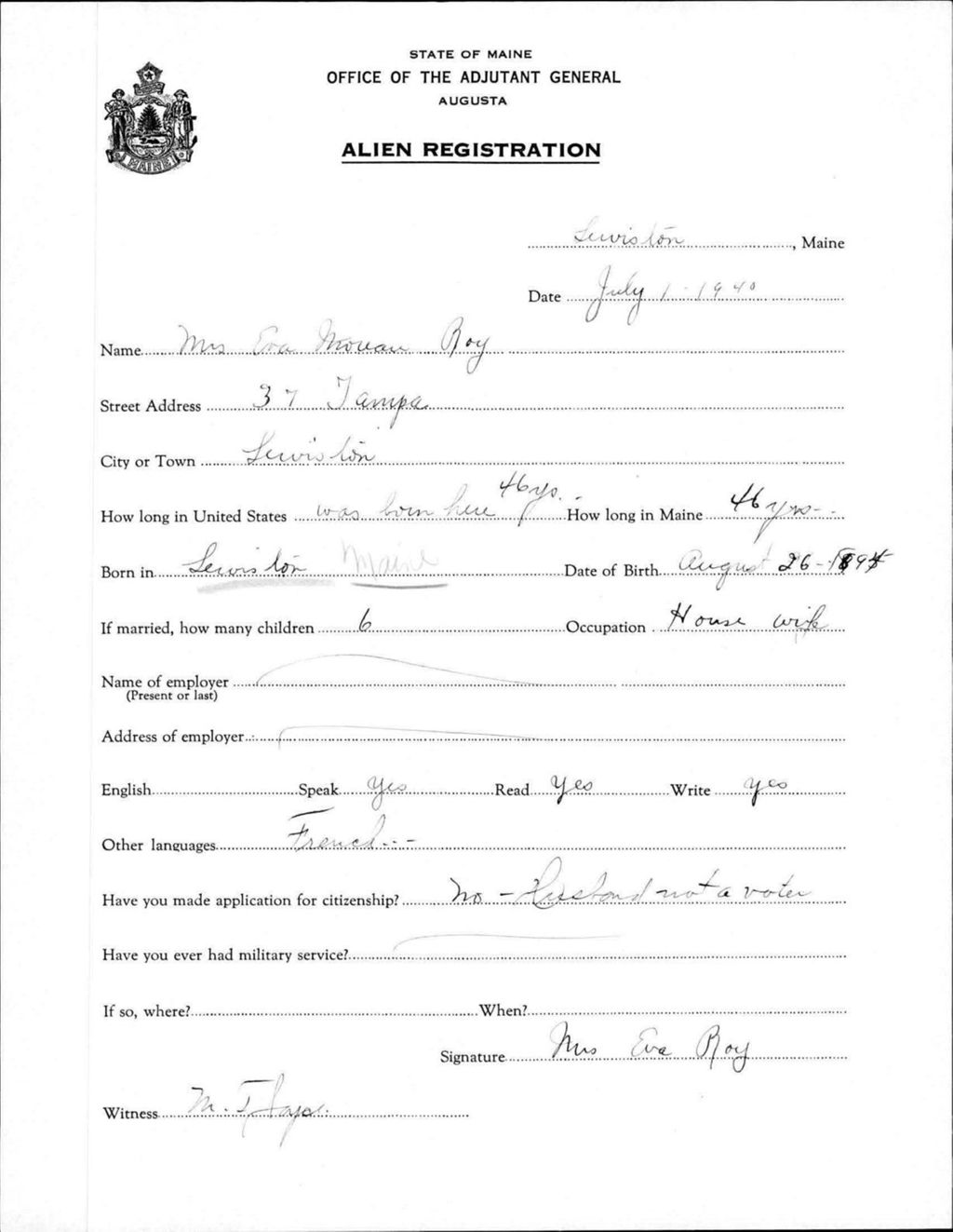 Miniature of Alien Registration- Moreau, Eva (Lewiston, Androscoggin County)