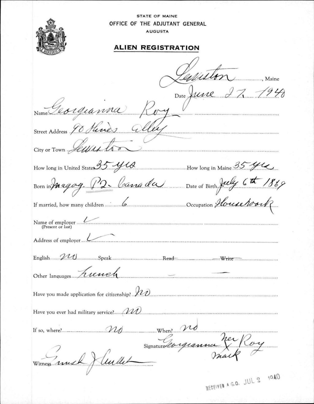 Miniature of Alien Registration- Roy, Georgianna (Lewiston, Androscoggin County)