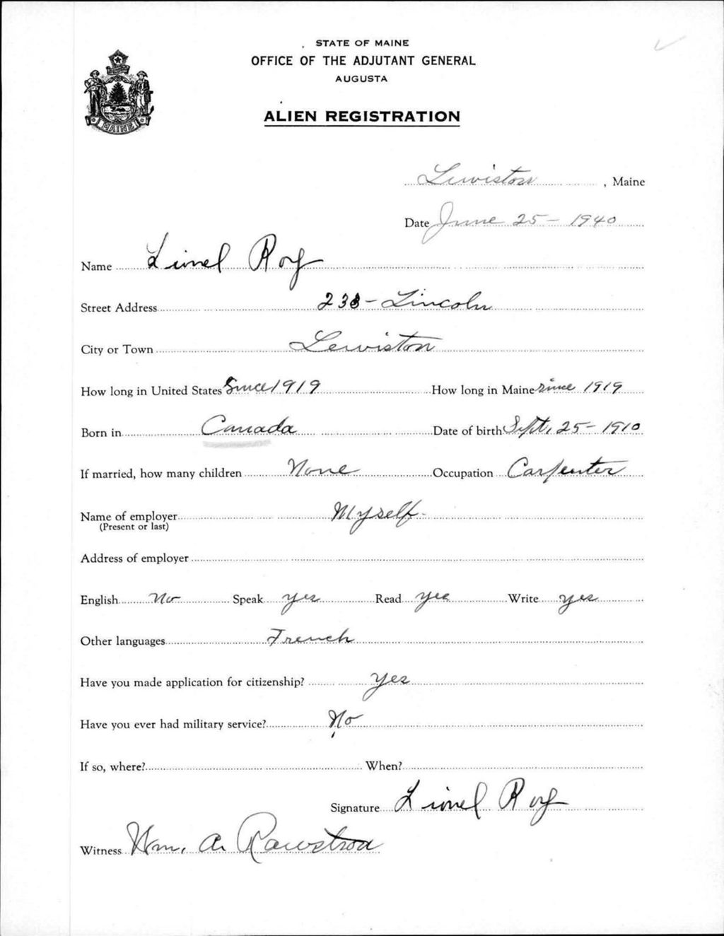 Miniature of Alien Registration- Roy, Lionel (Lewiston, Androscoggin County)