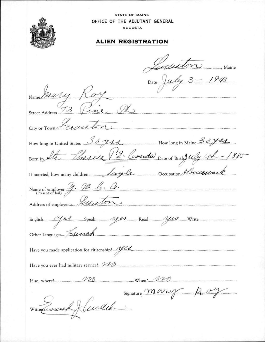 Miniature of Alien Registration- Roy, Mary (Lewiston, Androscoggin County)
