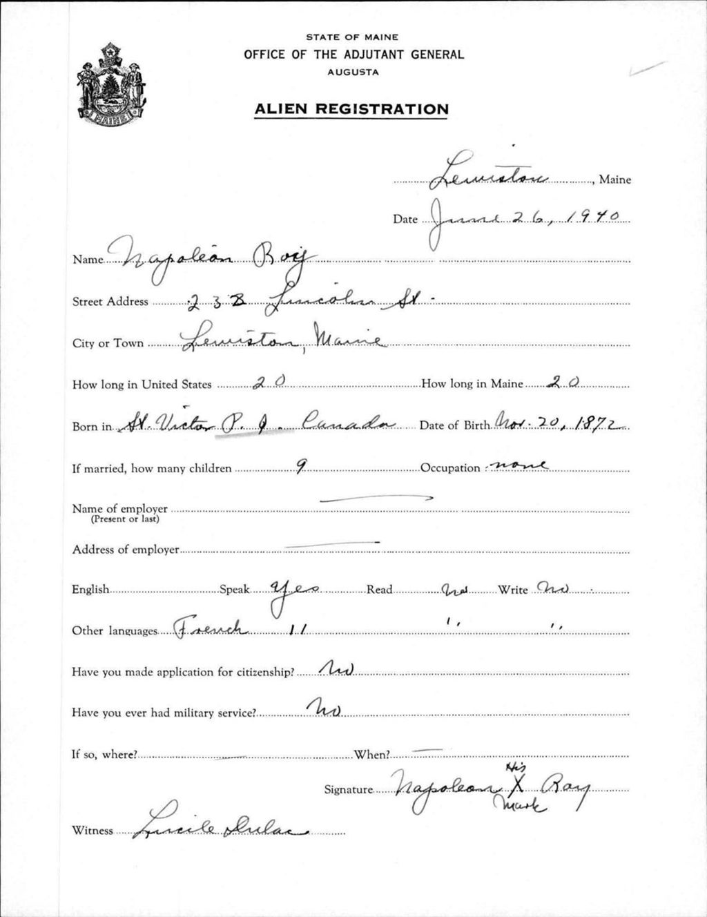Miniature of Alien Registration- Roy, Napoleon (Lewiston, Androscoggin County)